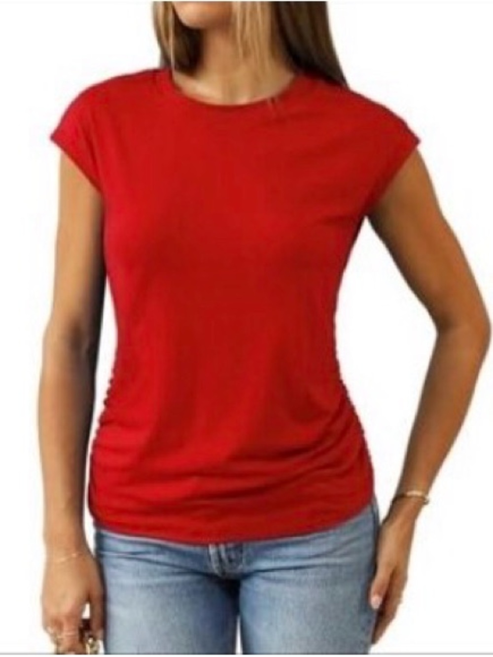 Red Cap-Sleeve Women's Top - Classic Crew Neck #0217